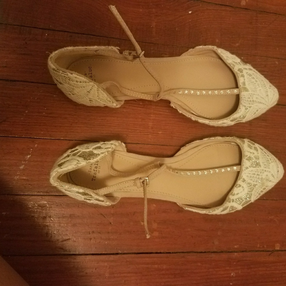 Zara white lace t strap flats